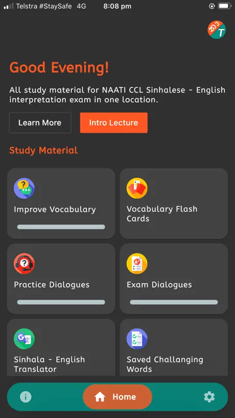 NAATI Sinhalese - Home Screen